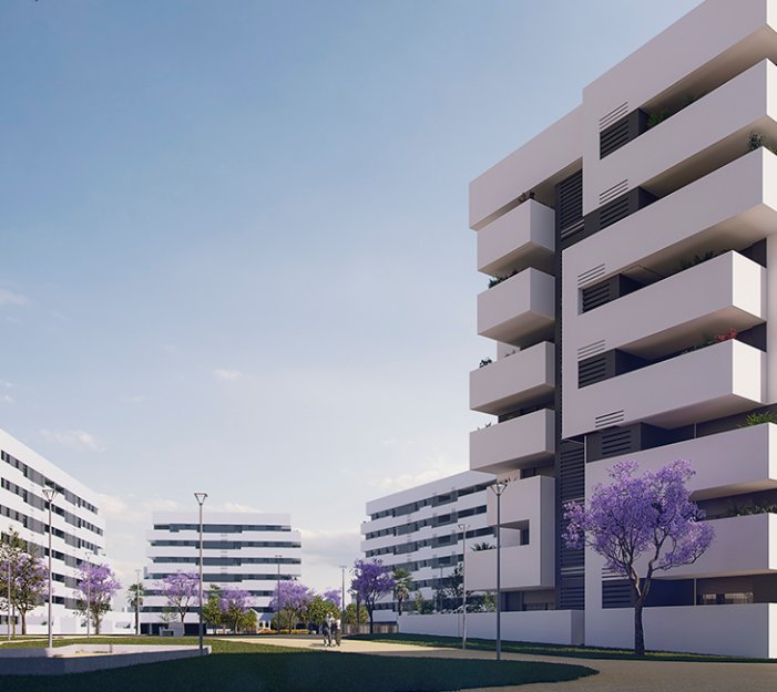 Jardines Hacienda Rosario Las Flores Sevilla — bloques residenciales con jacarandas