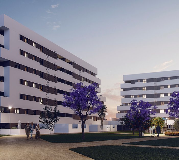 Jardines comunitarios Hacienda Rosario Las Flores Sevilla al atardecer